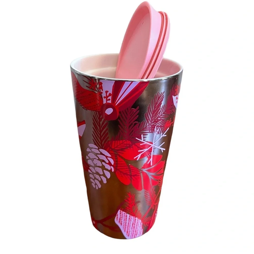 Starbucks Holiday 2021‎ Silver Red Pinecone Double Wall Ceramic Tumbler